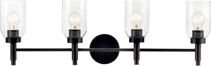 Kichler Madden 4-Light Bathroom Vanity Light Fixture with Clear Glass in Black, Modern Wall Mount Over Mirror for Single or Double Vanity (10.5" x 34"), 55186BK