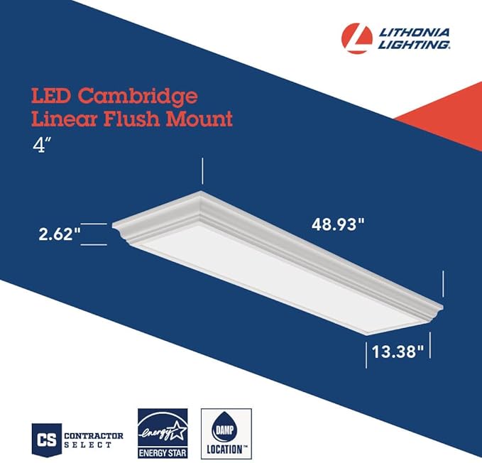 Lithonia Lighting Cambridge 4 Foot LED Kitchen Light Fixture, Linear Flush Mount Ceiling Light Fixture, 4000K Cool White, 3300 Lumens, 120 Volts, 35 Watts, Damp Listed, Oak (FMFL 30840 CAML OA)