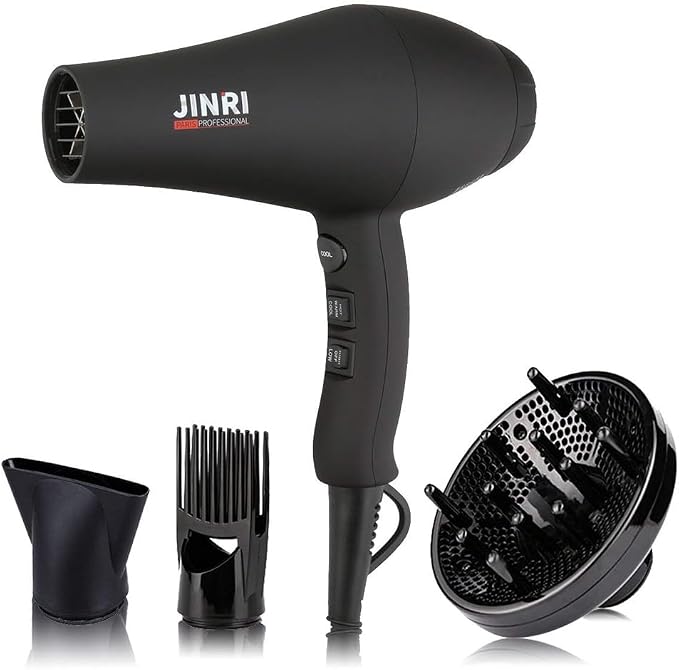 JINRI Hair Dryer, 1875W, 3 Heat & 2 Speed, with Diffuser, with Concentrator, Ionic Technology & Infrared - Black, Detachable Air Intake, Non-Foldable, Hanging Strap, 125V, JR-104D