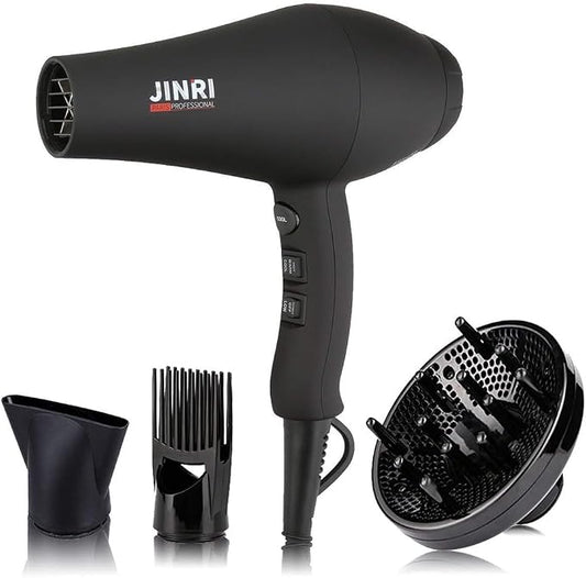 JINRI Hair Dryer, 1875W, 3 Heat & 2 Speed, with Diffuser, with Concentrator, Ionic Technology & Infrared - Black, Detachable Air Intake, Non-Foldable, Hanging Strap, 125V, JR-104D