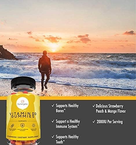 Sunergetic プレミアムビタミンD3グミ – 健康な骨、気分、免疫システムをサポートする強力なビタミンDグミ – 1食あたりビタミンD3 2000 IU – D3グミ60粒