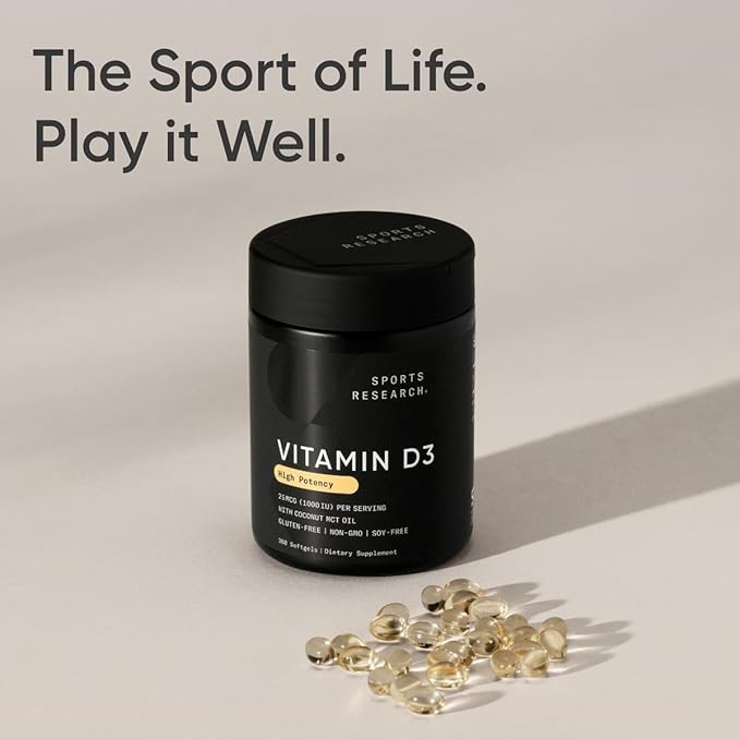Sports Research® Vitamine D3 1000 UI avec huile de coco MCT - Supplément de vitamine D à haute puissance pour le soutien immunitaire et osseux - Sans gluten · Sans OGM · Sans soja - 360 gélules