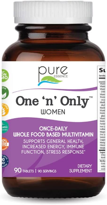 PURE ESSENCE LABS Multivitamine pour femmes One N Only, complément à base de plantes naturel à prendre une fois par jour avec vitamine D3, B12 et biotine, avec des aliments complets, 90 comprimés