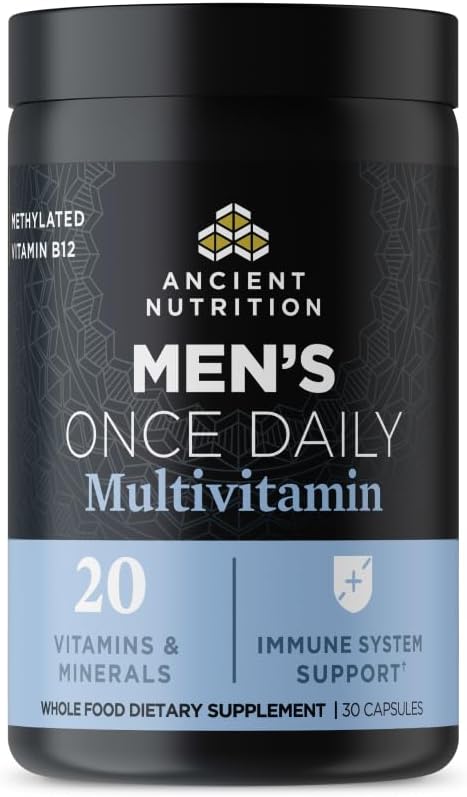 Complément multivitaminé Ancient Nutrition pour hommes, supplément de vitamines quotidiennes pour hommes, vitamines A, B, K2 méthylées, magnésium, soutient le système immunitaire, 30 comprimés