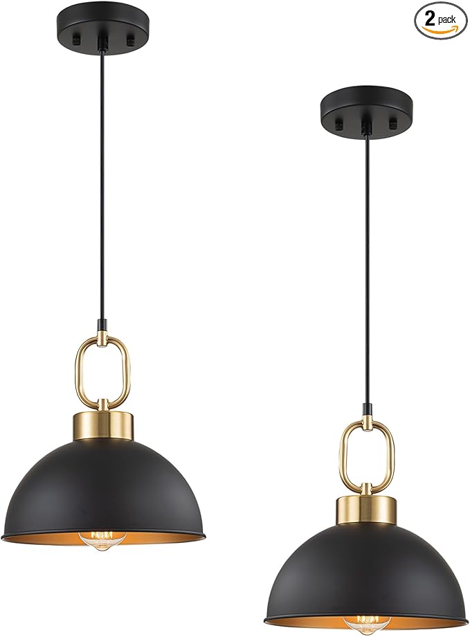 2 Pack Farmhouse Black Pendant Lights Kitchen Island, 10'' Industrial Dome Pendant Light Fixtures, Adjustable Height Modern Hanging Light for Kitchen Dining Room Entryway Bar