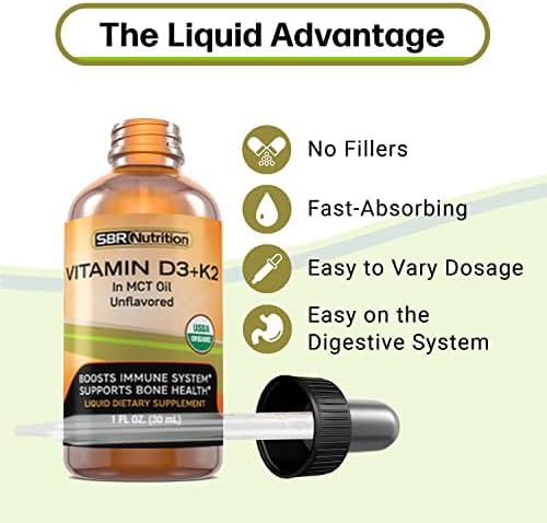 SBR Nutrition MAX Absorption, Vitamine D3 + K2 (MK-7) en gouttes liquides avec huile MCT, sans arôme, aide à soutenir la solidité des os et la santé cardiaque