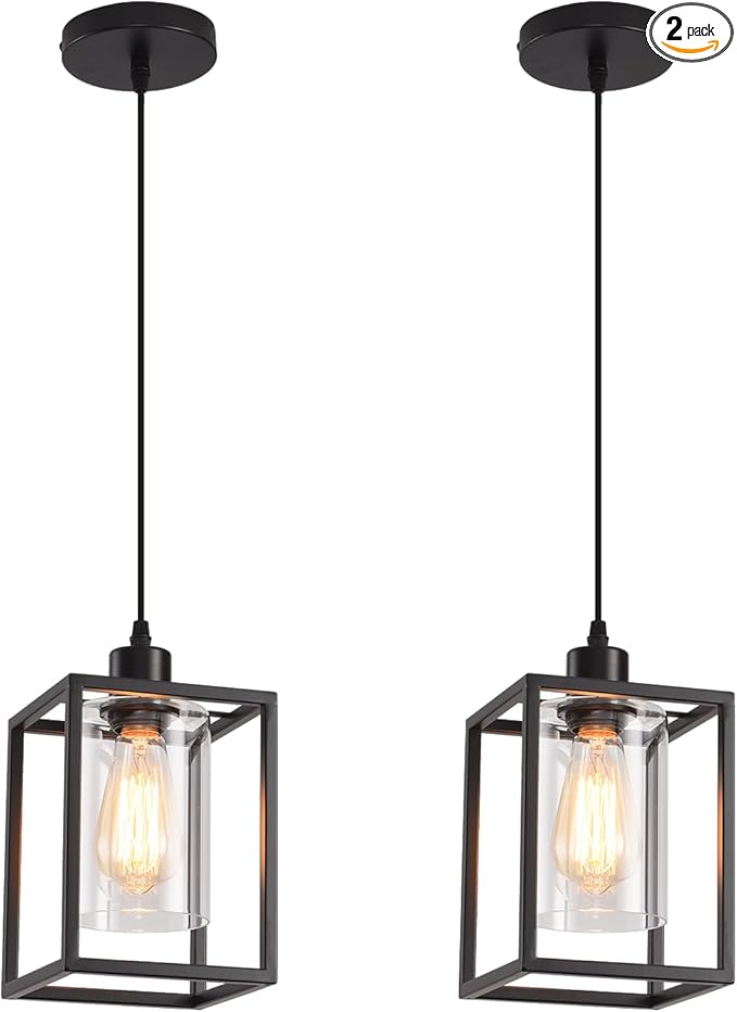 Black Pendant Lights for Kitchen Island Industrial Lantern Pendant Light Fixtures with Clear Glass Shade, Farmhouse Adjustable Height Hanging Pendant Lighting