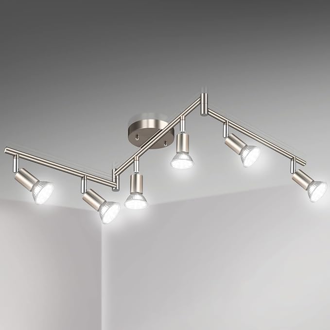 Unicozin LED 6 Light Track Lighting Kit, 46.5'' Matt Nickel 6 Way Ceiling Spot Lighting, Flexibly Rotatable Head, Modern Track Light Included 6 x LED GU10 Bulb (4W, Daylight White 5000K, 400LM)