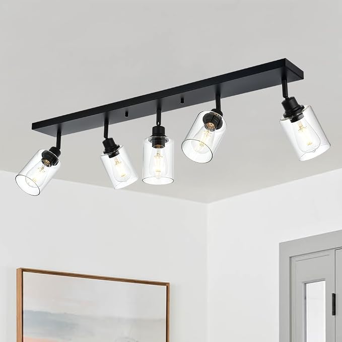 5 Light Black Bathroom Spotlight Fixture with Rotatable Light Head Indoor Vanity Lighting with Clear Glass Shade Metal Ceiling Mount Fixture