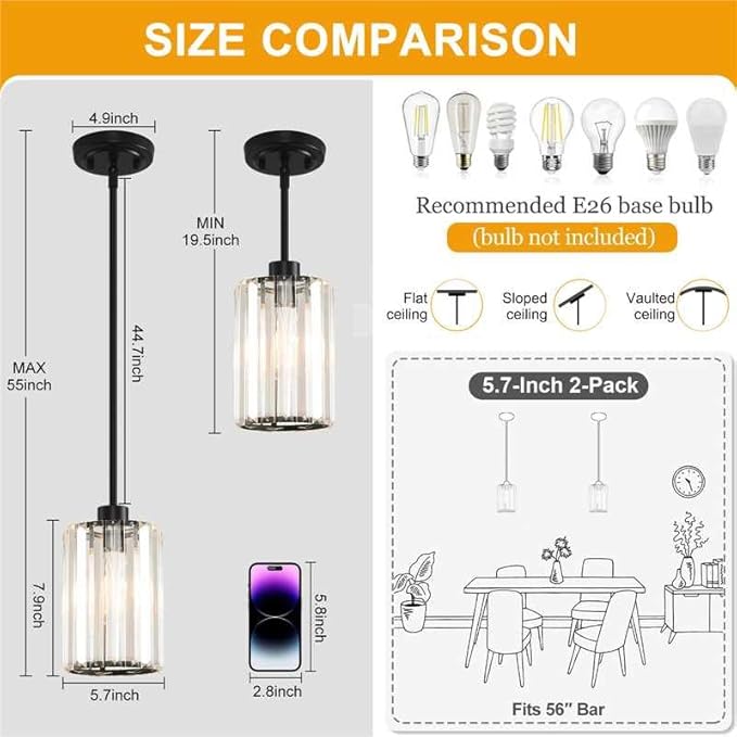 2 Pack Pendant Lights Kitchen Island, Modern Black Pendant Light Fixtures, Mini Chandelier Crystal Kitchen Island Lighting, Hanging Pendant Lights Fixture for Kitchen Island Dining Room Hallway Foyer