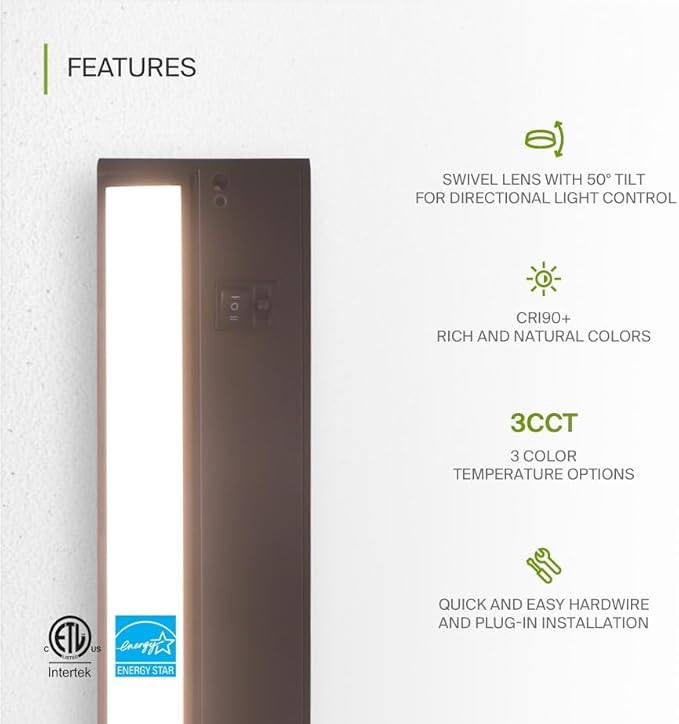 ASD Swivel LED Under Cabinet Lighting Plug in or Hardwired 18 Inch, Dimmable Under Cabinet Lights with High/Low/Off Switch, 3CCT 2700K-4000K, Linkable Under Counter Lights for Kitchen, Bronze, ETL