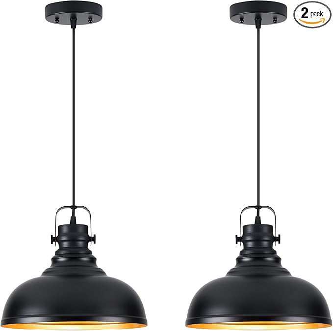 Refice 2 Pack Farmhouse Pendant Lights Black Pendant Lighting for Kitchen Island Adjustable Height Dome Hanging Lights for Barn, Dining Room