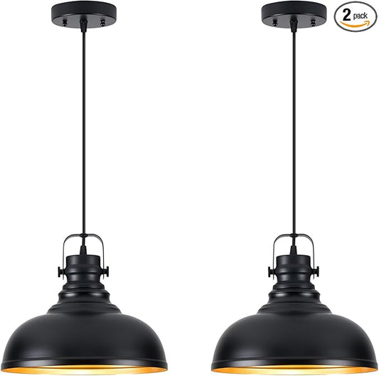 Refice 2 Pack Farmhouse Pendant Lights Black Pendant Lighting for Kitchen Island Adjustable Height Dome Hanging Lights for Barn, Dining Room