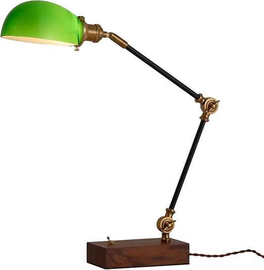 Bankers Lamp, Adjustable Traditional Green Desk Lamp with Solid Ash Wood Base, Green Glass Antique Library Lamp with Power Cord Switch, Plug in Vintage Bankers Table Lamp for Office 【E26 Socket】