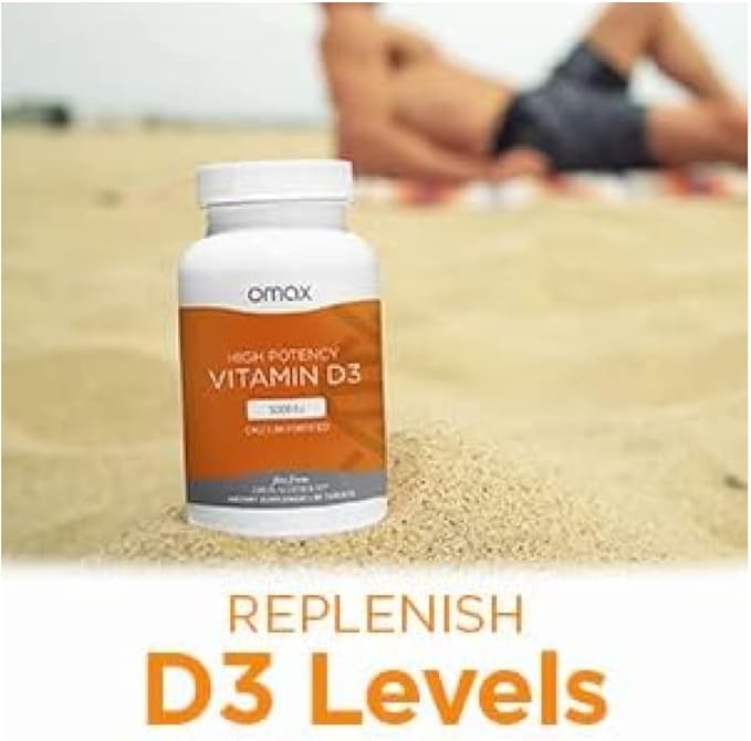 Omax3 Omax Vitamine D3 Haute Puissance 5 000 UI (125 mcg) Os, Muscles & Articulations Solides, Santé Cardiaque, Immunité, Sans OGM, Sans Gluten, Sans Soja - 90 Gélules/par Bouteille (Lot de 2)