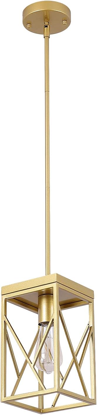 Fivess Lighting Modern Gold Pendant Light with Metal Cage, One-Light Adjustable Rods Mini Pendant Lighting Fixture for Kitchen Island Cafe Bar Farmhouse
