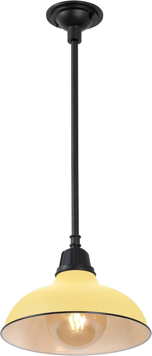 JONATHAN Y 12.25" Matte Yellow 1-Light Farmhouse Indoor/Outdoor LED Pendant Iron Hanging Light, and Black Metal Shade, Rustic Ceiling Lamp for Kitchen Island, LED Bulb Included (JYL7611H)