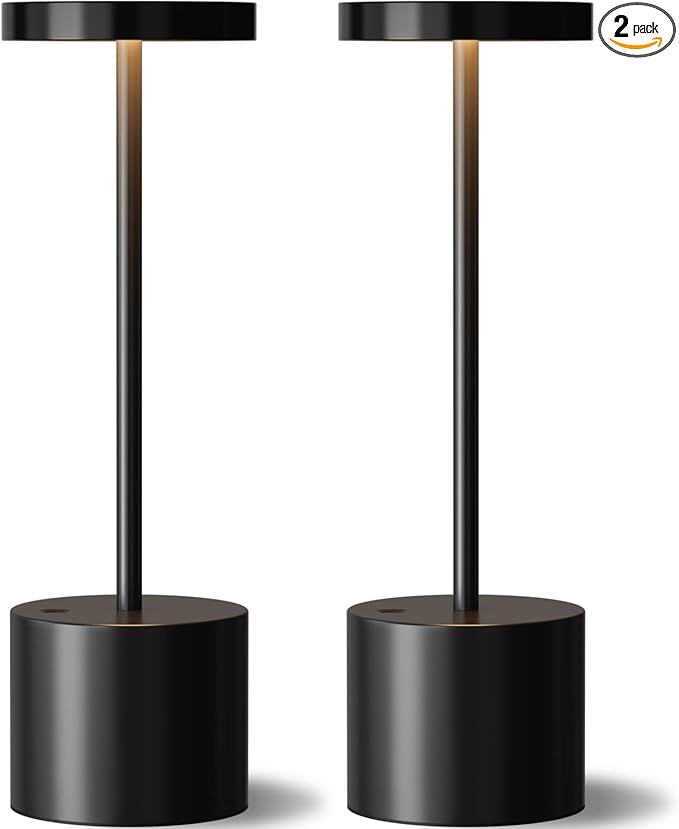 Black Cordless Table Lamp, 4000mAh Rechargeable Battery Powered Lamps, 3 Color Stepless Dimming, LED Wireless Outdoor Lamps for Dining Room, Bedroom, Bar, Cafe, Restaurant, Patio, Camping, Set of 2