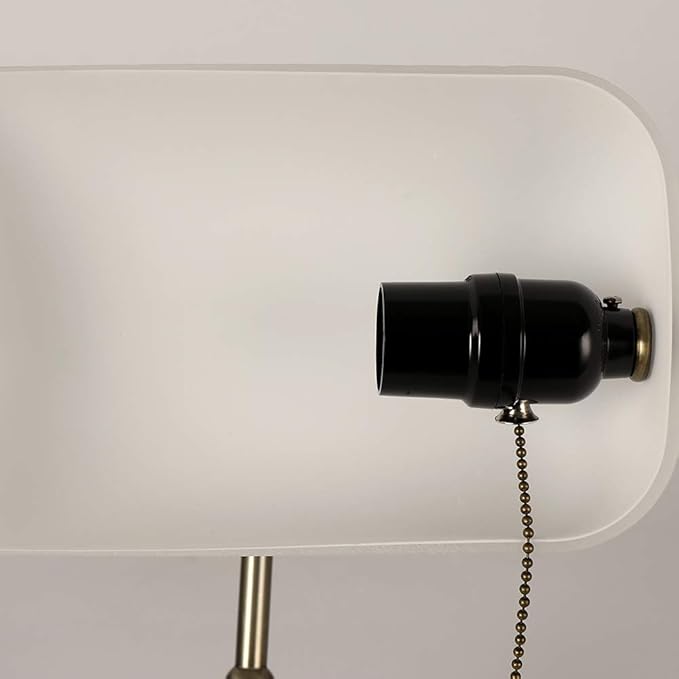 Glass Bankers Desk Lamp with Pull Chain Switch Plug in Fixture,Satin Brass Finish (White)