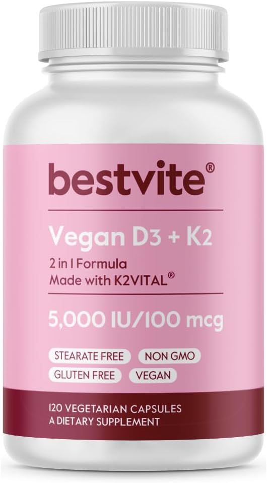 BESTVITE ヴィーガン ビタミンD3 5000 IU + ビタミンK2 100mcg MK-7 (ベジタリアンカプセル120粒) - ステアリン酸塩不使用 - ヴィーガン - 非遺伝子組み換え - グルテンフリー