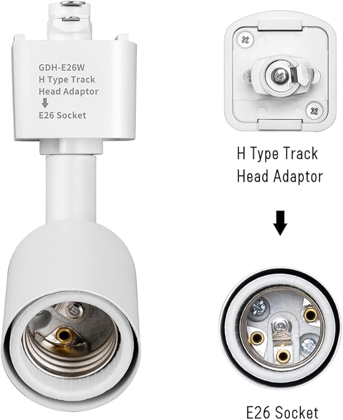 mirrea H Type Track Lighting Head to E26 Medium Screw Base Adapter Light Direction Adjustable Pack of 3 (White)