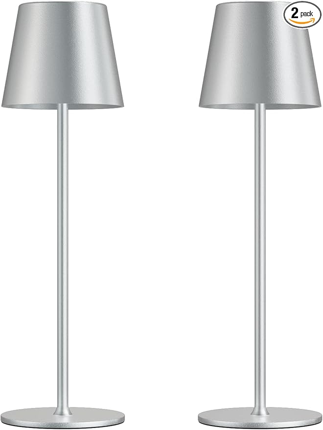Kakanuo Cordless Table Lamp Rechargeable - Silver Grey 2 Pack 5000mAH Battery Operated Lamp for Counter, 3 Color Stepless Dimming Wireless Lamp for Dining Kitchen, Outdoor Patio, Touch Control