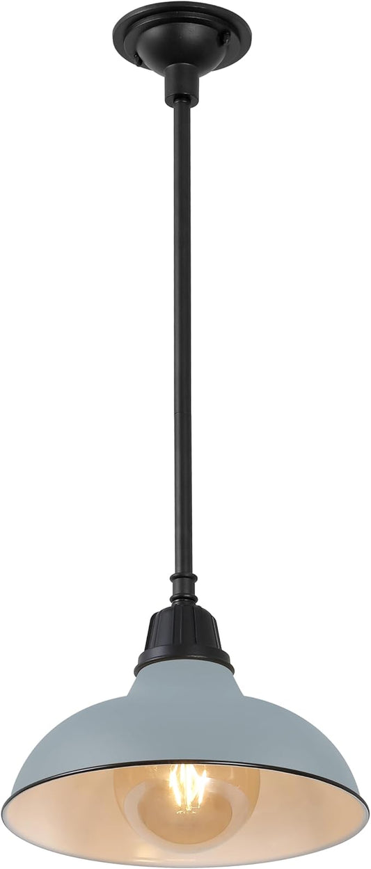 JONATHAN Y 12.25" Matte Silver 1-Light Blue Farmhouse Indoor/Outdoor LED Pendant Iron Hanging Light, and Black Metal Shade, Rustic Ceiling Lamp for Kitchen Island, LED Bulb Included (JYL7611K)