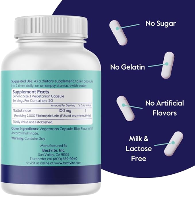 BESTVITE Nattokinase 100mg (2000 FU) (240 Vegetarian Capsules)(120x2) - No Stearates - Vegan - Non GMO - Gluten Free