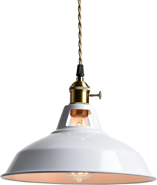 CLAXY Industrial Pendant Lights White Metal Barn Shade Hanging Ceiling Light Fixture with Switch E26 Kitchen Pendant Lighting for Loft, Bar, Foyer, Dining