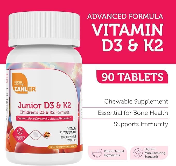 Zahler - Junior Vitamin D3 + K2 Chewable Tablets for Kids| Vitamin D for Kids 2000 IU | Delicious Vitamin D K2 Chews to Support Healthy Bones & Teeth - Kosher, Less Sugar Than Gummies (2 Pack)
