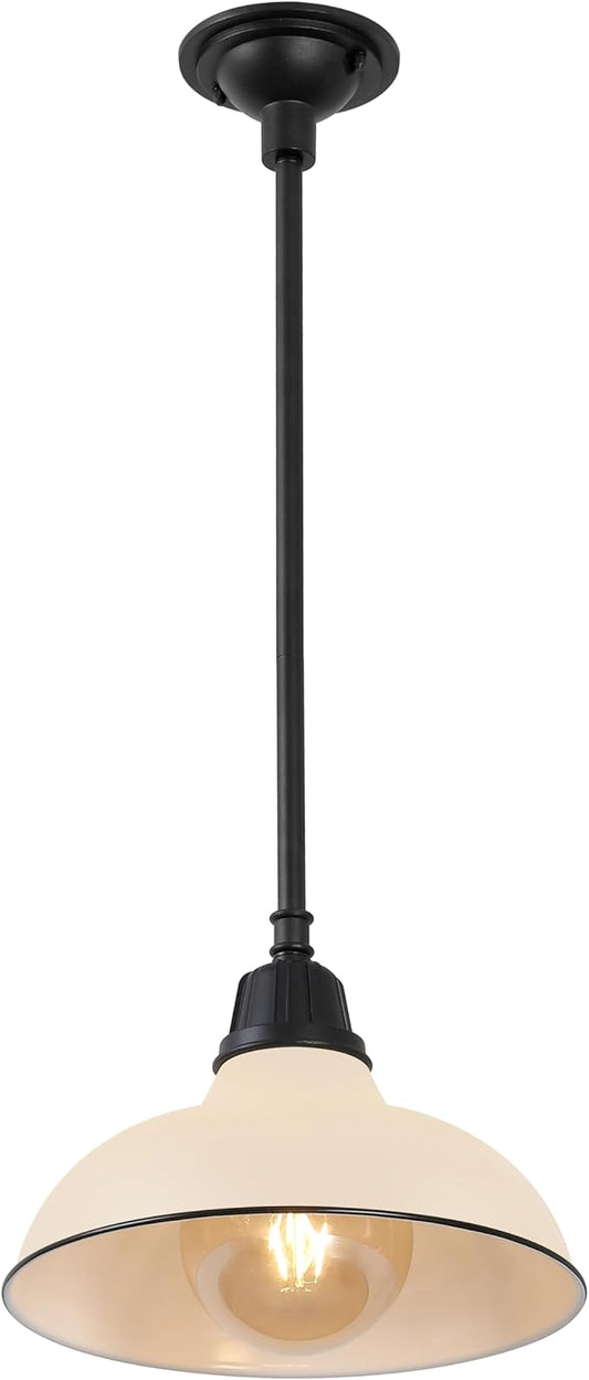 JONATHAN Y 12.25" Matte Almond 1-Light Farmhouse Indoor/Outdoor LED Pendant Iron Hanging Light, and Black Metal Shade, Rustic Ceiling Lamp for Kitchen Island, LED Bulb Included (JYL7611J)