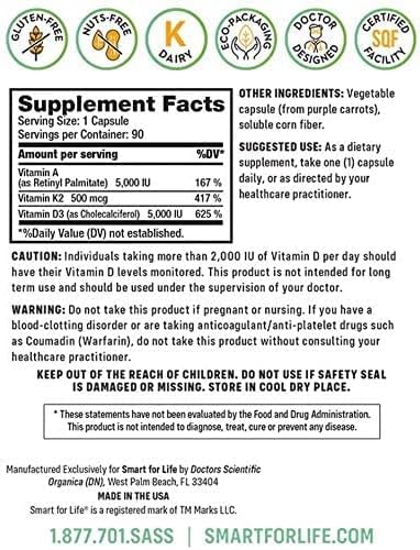 Complément de vitamines ADK Smart for Life - Vitamines ADK à haute puissance - Vitamine D3, Vitamine K2 et Vitamine A - Soutient la santé des os et du cœur - 5 000 UI Vitamine A - 5 000 UI Vitamine D3 - 500 mcg Vitamine K2