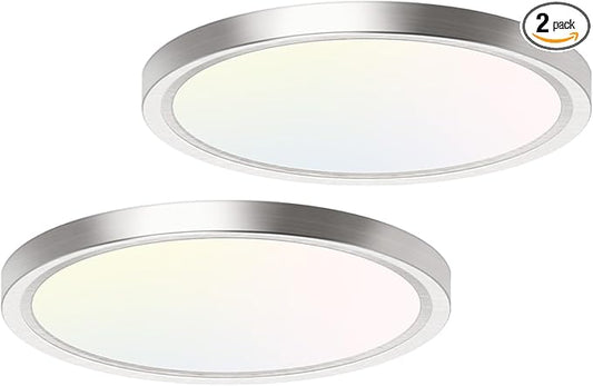 hepside 2PACK Flush Mount LED Ceiling Light Fixture Brushed Nickel, 12Inch 28W, Dimmable 3000K-4500K-6000K Ceiling Lamp 3200LM Low Profile Ceiling Light for Kitchen Bedroom Hallway