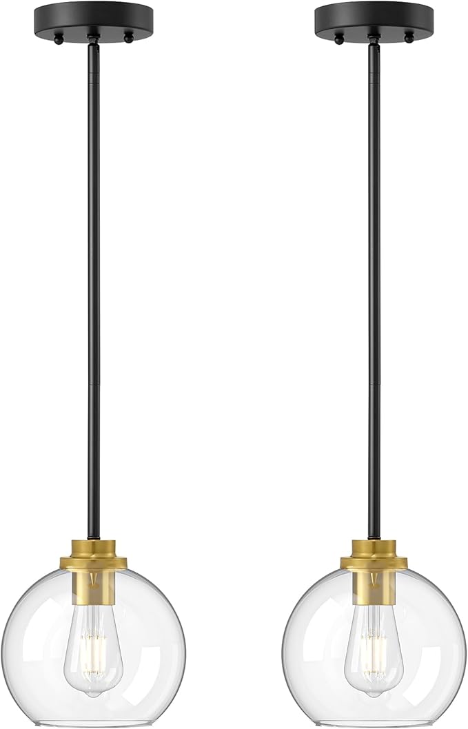 EDISHINE Mid Century Kitchen Pendant Lighting Over Island 2 Pack, Clear Glass Globe Shade, Hardwired Black and Gold Adjustable Hanging Light Fixtures for Dining Room, Entryway