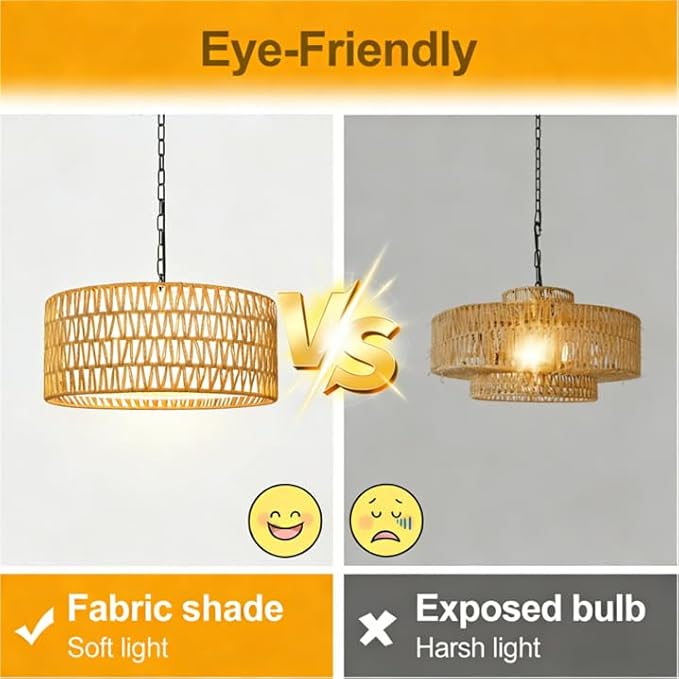 9"-52" Height Adjustable Farmhouse Chandelier Light Fixture, 5-Light Rattan Boho Chandeliers for Dining Room, Hand Woven Pendant Light with Linen Shade, Rustic Hanging Lighting for Kitchen Island