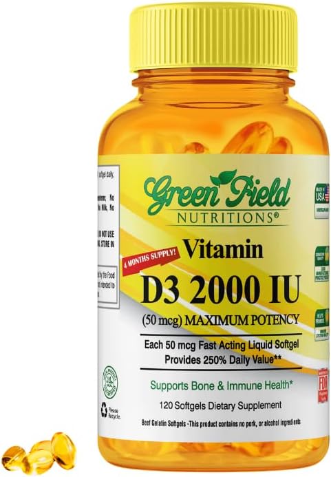 Greenfield Nutritions Vitamine D3 Halal 2000 UI Gélule - D3 Haute Puissance 50 mcg, 120 Mini-Gélules Non Aromatisées - Vitamines D Halal avec Gélatine de Bœuf Halal, Soutient l'Immunité, les Os, les Dents, le Cerveau et les Cheveux