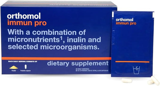 Orthomol Immun Pro, Soutien Immunitaire, Complément Probiotique pour la Santé Intestinale, Fibres Prébiotiques Inuline, Cure de 30 Jours, Vitamines A, B, C, D, E, Zinc, Iode, Probiotiques pour Femmes et Hommes, Poudre et Gélule Quotidiennes
