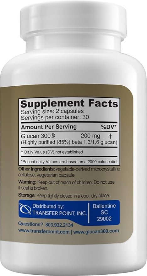 Transfer Point Yeast-Derived Beta 1,3D Glucan (1,3/1,6 B-Glucans) 200mg, Minimum 85% Beta Glucan Content, Non-GMO, Vegetarian, All-Natural Immune Support, 60 Capsules