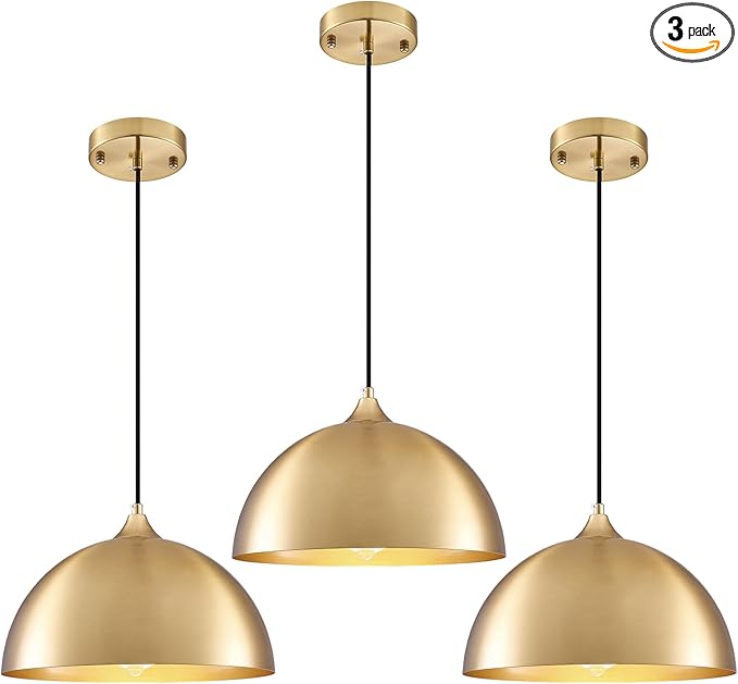 Gold Pendant Light 11.8", Industrial Dome Pendant Lights with Gold Interior, Adjustable Farmhouse Hanging Light for Kitchen Island Dining Room Bedroom Restaurant, 3 Pack