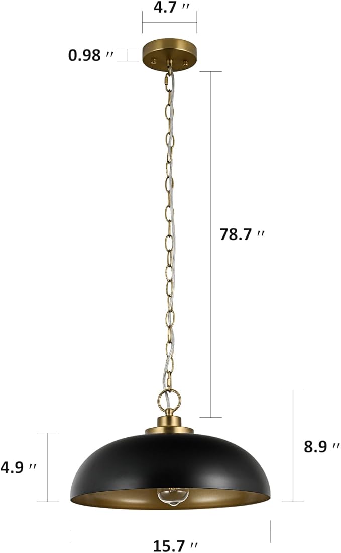 15.7" Pendant Light Fixtures, Farmhouse Pendant Lights Kitchen Island, Black Hanging Ceiling Light for Kitchen Island Dining Room