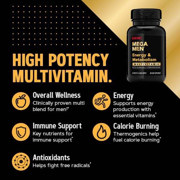 GNC Mega Men Énergie et Métabolisme Multivitamine | Antioxydants et Combustion Accrue de Calories | 90 Comprimés