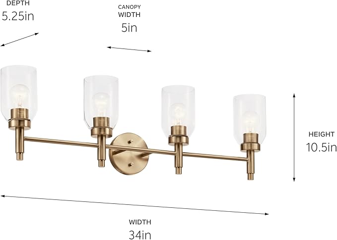 Kichler Madden 4-Light Bathroom Vanity Light Fixture with Clear Glass Shades in Champagne Bronze, Modern Wall Mount for Single or Double Vanity Over Mirror (10.5" x 34"), 55186CPZ