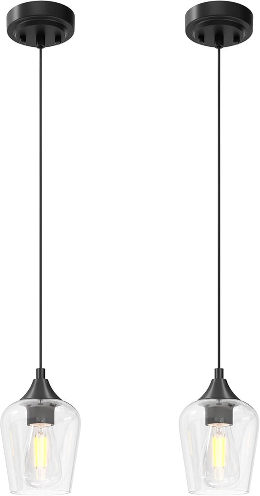 VONLUCE Pendant Lights Kitchen Island, Matte Black Pendant Light Fixtures with E26 Base & Adjustable Cable, Modern Pendant Lighting with Glass Shade for Living Room Bedroom Hallway, 2 Packs