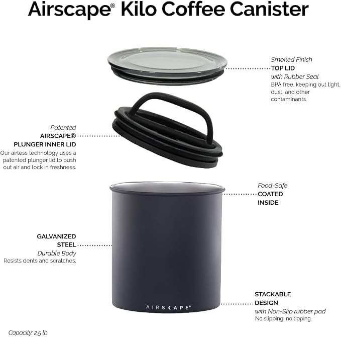AirScape Planetary Design Kilo Coffee Storage Canister - US Patented Inner Plunger Lid Removes Excess Oxygen - DON'T buy airtight, BUY AIR-LESS - Holds 2.2 lbs Coffee Beans - (Matte Black)