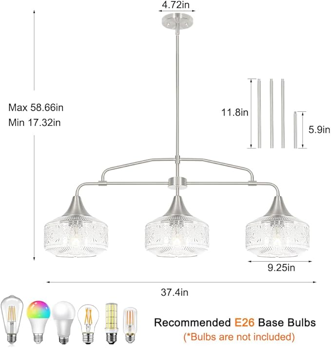 3-Light Island Light for Kitchen, Adjustable Farmhouse Kitchen Island Lighting with Clear Glass, Brushed Nickel Dining Room Light Fixture Over Table, Linear Chandelier Pendant Lighting over Sink