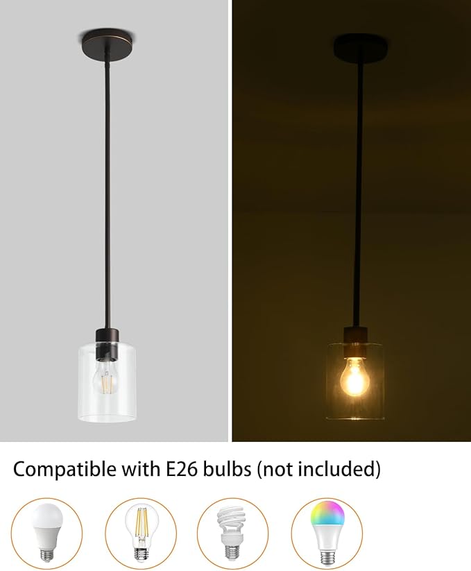 2 Pack Brown and Gold Pendant Lights for Kitchen Island, Modern Brown Hanging Light with Clear Glass Shade, Adjustable Metal Rod Pendant Lighting for Dining Room, Bar, Living Room