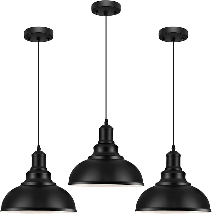 LOEHINLE 3PCS Pendant Lighting, Vintage Industrial Fixtures, Black Metal Chandelier Lights, Ceiling Lamp for Kitchen Home Island Dining Room Bedroom, 11.4 inches