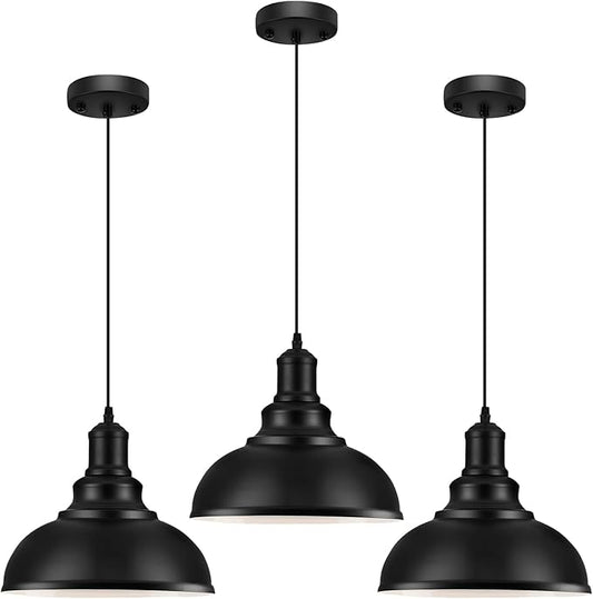 LOEHINLE 3PCS Pendant Lighting, Vintage Industrial Fixtures, Black Metal Chandelier Lights, Ceiling Lamp for Kitchen Home Island Dining Room Bedroom, 11.4 inches