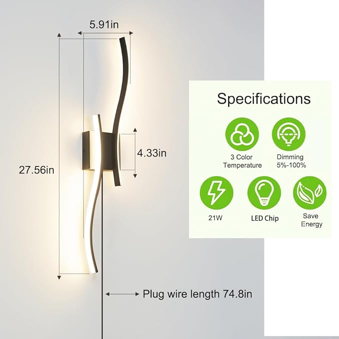 Daunton Modern Plug in Wall Sconce Set of 2, Black Dimmable LED Wall Light with Remote Control, 3CCT Adjustable & Memory Function, Timer, Plug in Cord Wall Lamp for TV Wall Living Room Hallway Bedroom