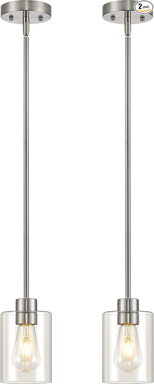 Modern Farmhouse Brushed Nickel Pendant Lights, Mini Hanging Light Fixture with Clear Glass Shade, Adjustable Rods for Kitchen Island, Sink, Bar (2 Pack)